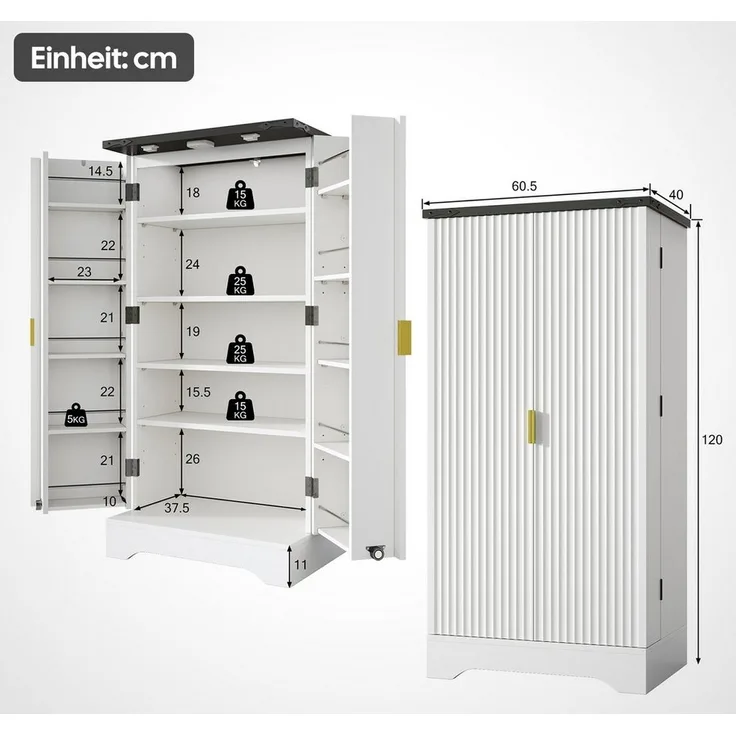 Yorbay Mehrzweckschrank mit LED-Beleuchtung & verstellbaren Regalen (120x60,5x40 cm) Küchenschrank Vorratschrank mit Türablagen