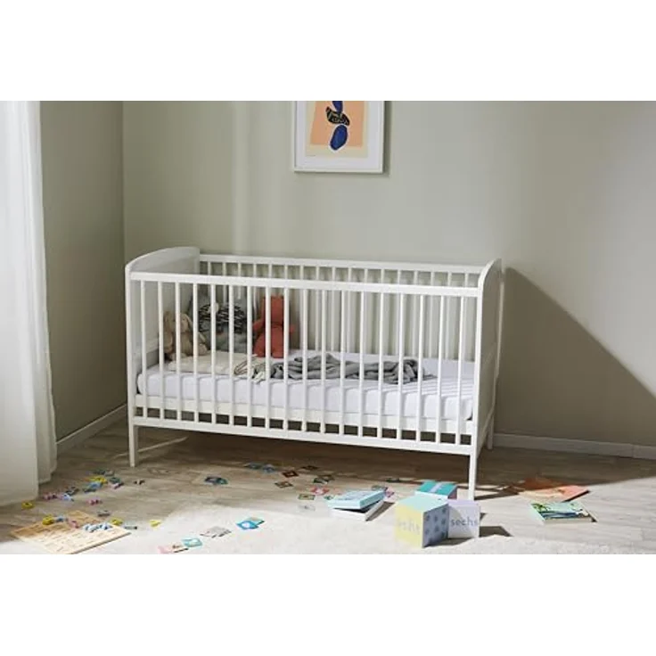 Babybett Kinderbett 70x140 Umbaubares Gitterbett höhenverstellbar & herausnehmbare Sprossen optional mit Matratze | Weiss Vollholz Kiefer Made in Europe – Bild 8