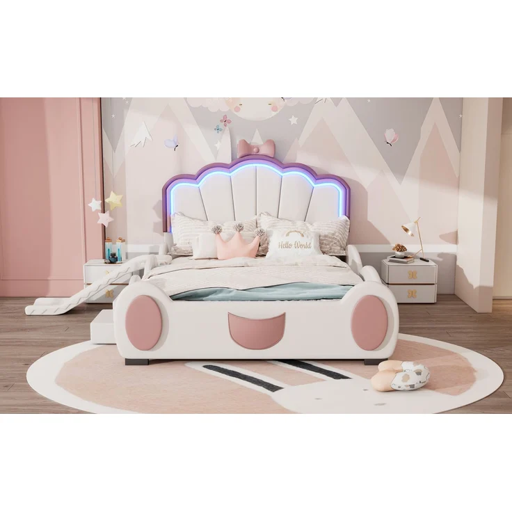 Merax 140*200cm Kinderbett Polsterbett, Schmetterlingsbett LED-Farbwechsellicht, Fernbedienung, ausgestattet mit Rutsche und Leiter, PU-Material, schöne Form, rosa + weiß – Bild 7
