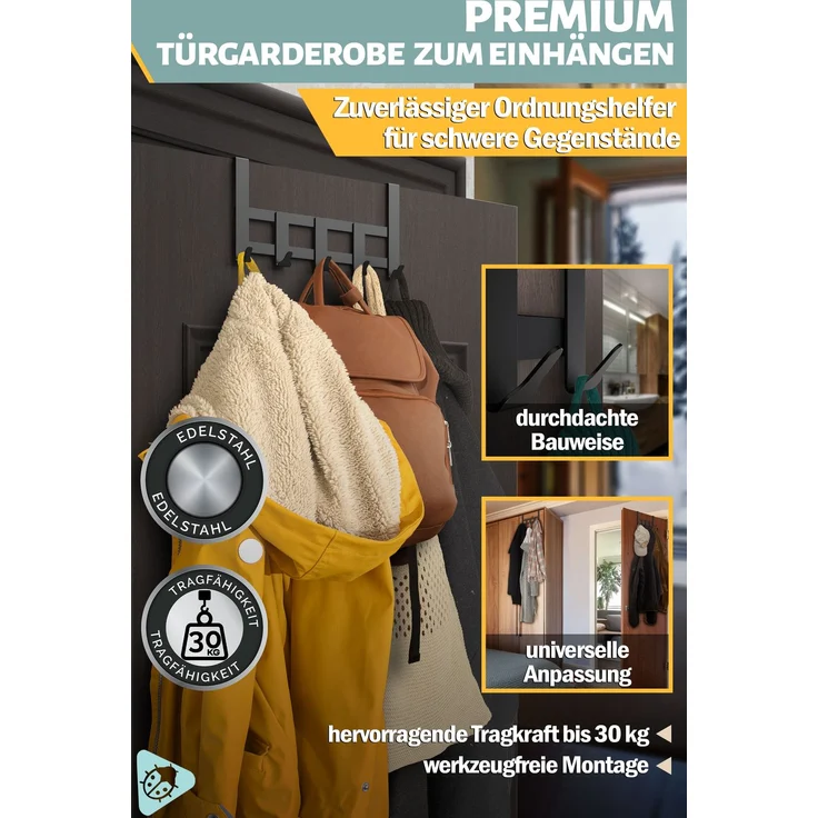 Aurelia Home Türgarderobe zum Einhängen, 5 Haken, Edelstahl, Schwarz – bis 30 kg – Bild 2