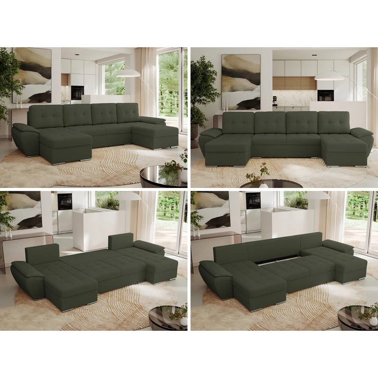 U-förmiges Ecksofa mit Schlaffunktion, genähter Sitz, zwei Armlehnen und losen Kissen - UMBRIA U - Grün Boucle – Bild 2