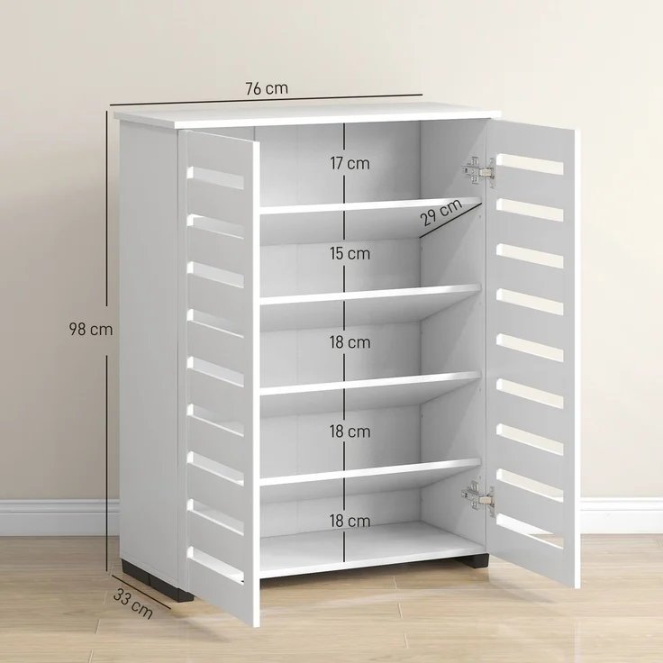 Mobiler Schuhschrank mit 5 Ebenen, 4 verstellbaren Einlegeböden und Lamellentüren, aus Holz, 76 x 33 x 98 cm, Weiß – Bild 5