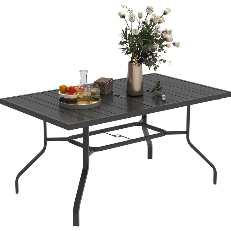 Outsunny Gartentisch mit Schirmloch, Latten-Design (wetterfest Balkontisch, 1-St, rechteckig Beistelltisch), 152 x 90 cm, für Garten, Balkon, Schwarz