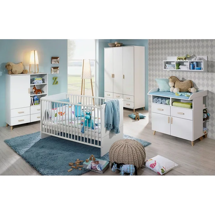 Babyzimmer Mieke 8 teiliges Kinderzimmer Komplett Set in Weiß mit Esche Coimbra massiv