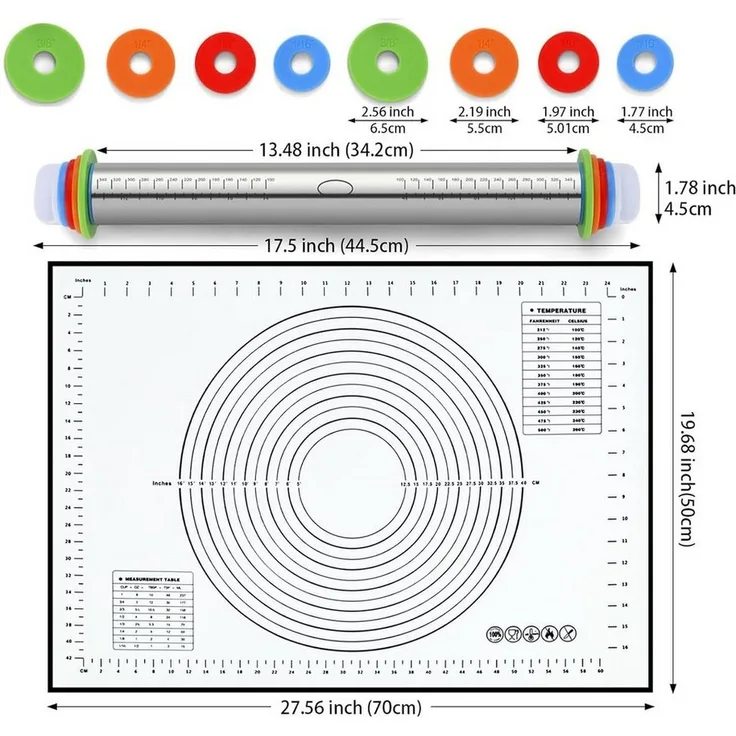 SURFOU Nudelholz Edelstahl Einstellbares 1 Teigroller 1 Silikon Backmatte, für Pizza Kekse Pfannkuchen Pasta Backen Utensilie