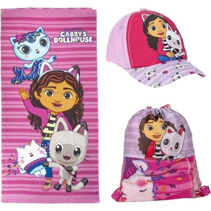 Gabby's Dollhouse Sommerset Strandtuch, Kappe und Tasche für Fans von Gabby's Dollhouse