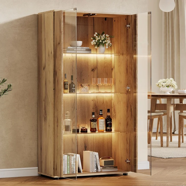 Vitrinenschrank 80x36x150,5 cm in Natur mit 2 Glastüren, 4 Ablageflächen und LED-Beleuchtung – Bild 4