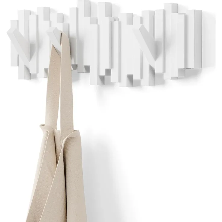 Umbra Stäbchen Garderobenhaken – Moderne und Platzsparende Garderobenleiste mit 5 Beweglichen Haken für Jacken, Mäntel, Schals, Handtaschen und Mehr, Weiss