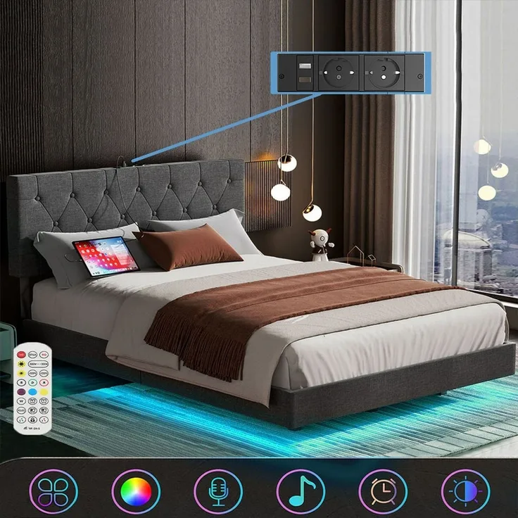 oyajia Bettgestell Doppelbett 140x200cm mit Lattenrost, Schwebebett Gestell mit LED Licht, Modernes Metallbett, Ganzmetall-Stützsystem, einfache Montage, Schwarz