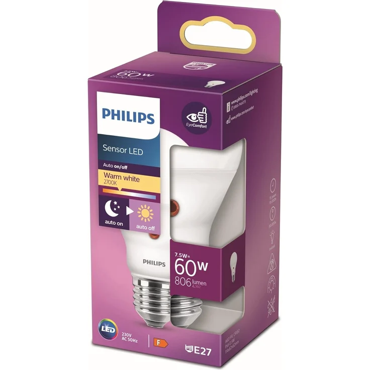 Philips LED-Lampe Classic Standard Day/Night Sensor 7. 5W/827 (60W) frosted E27