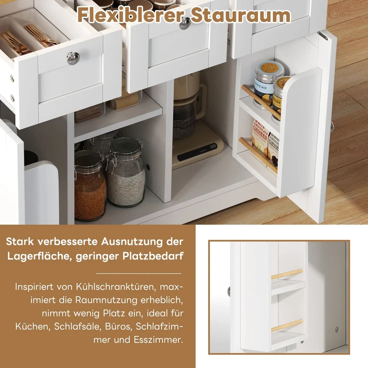 Küchenwagen 132x40(70)x87 cm mit klappbarer Platte, Steckdose, 3 Schubladen und 5 Rollen im Landhausstil Weiß/Natur – Bild 7
