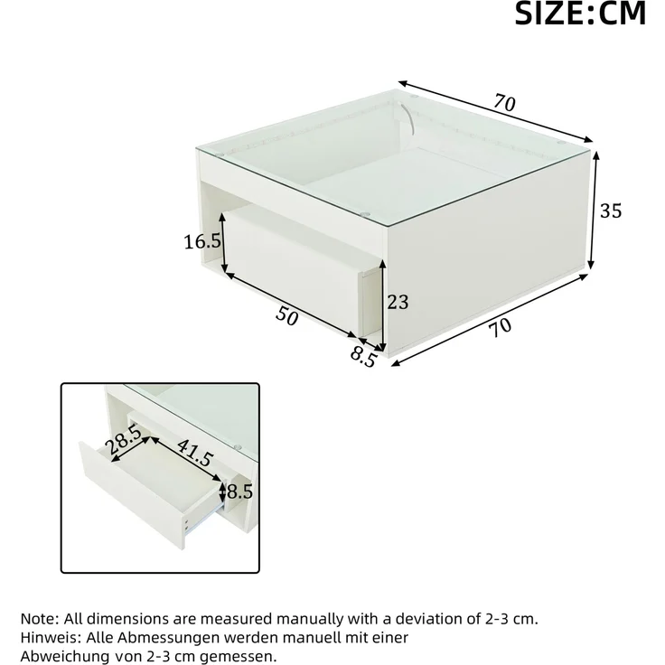 Couchtisch 70x70x35 cm in Weiß mit LED, Schubladen und Glasplatte – Bild 5