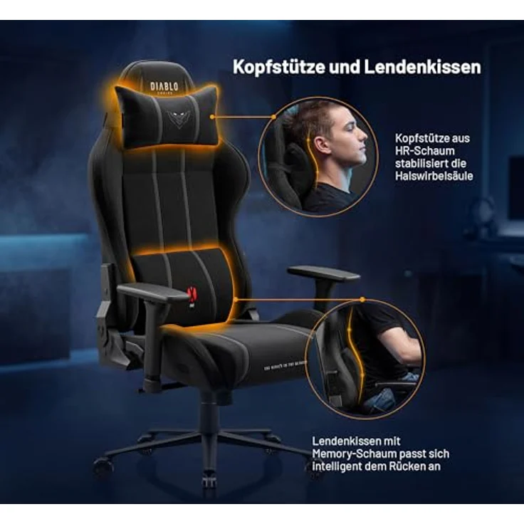 Diablo Gaming Stuhl ergonomisch groß bis 160 kg Stoff atmungsaktiv für große Menschen Drehstuhl mit Lendenstütze Memory Foam Kopfkissen 3D Armlehnen verstellbar bis 140 Grad Burned Black – Bild 10