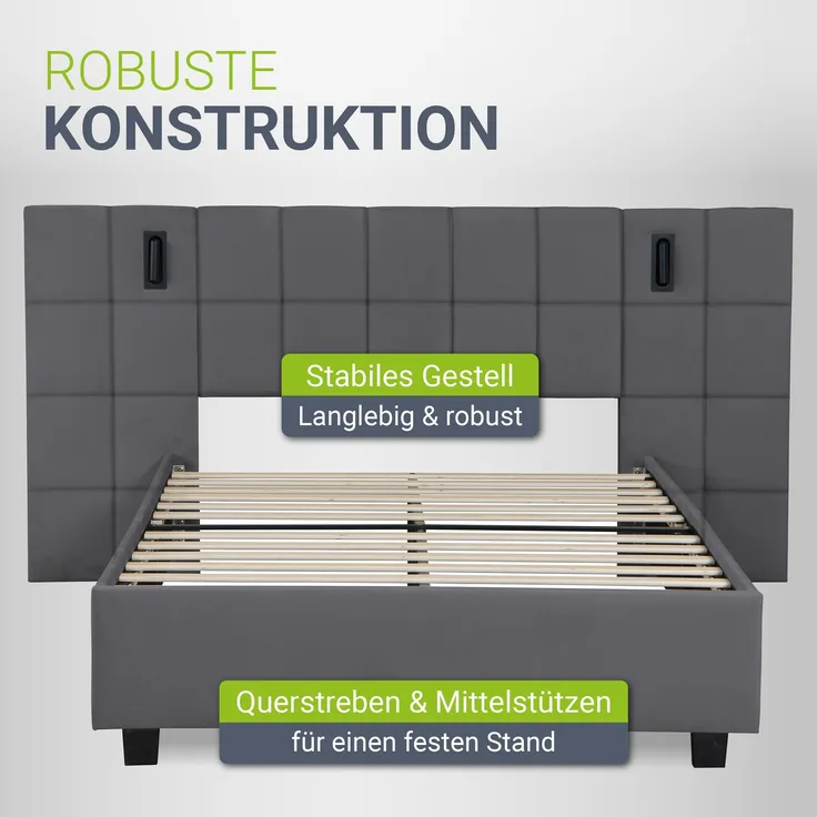 Juskys Polsterbett 140x200 cm Luzano - Bett mit LED, Lattenrost & Kopfteil - Modernes Bettgestell aus Holz & Samt - Doppelbett, Samtbett - Dunkelgrau