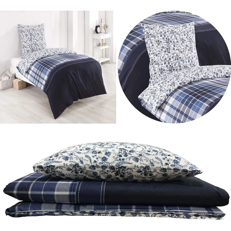 Buymax Bettwäsche Wende-Bettwäsche, Pablo, Renforce: 100% Baumwolle, 3 teilig, 200x220 cm, Bettbezug-Set, mit Reißverschluss, Blumen, Karo, Weiß Blau – Bild 2
