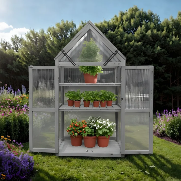 Coemo Gewächshaus Grau Jan mit aufklappbaren Türen und Dach 70 x 41 x 132 cm – Bild 8