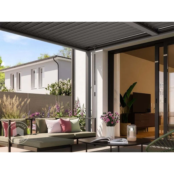 PRIMEYARD Pergola 4x4 m Aluminium-Pfosten mit Lamellendach aus Stahl graue Terrassenüberdachung – Bild 4