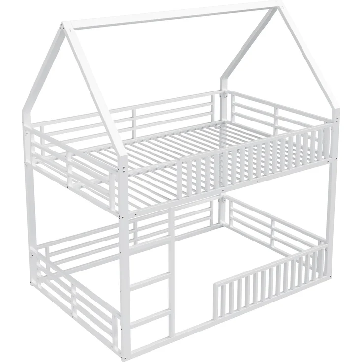 U-life Haus-Etagenbett 140x200 cm mit Sicherheitszaun, LED-Beleuchtung und 2 Lattenrosten, Weiß – Bild 2