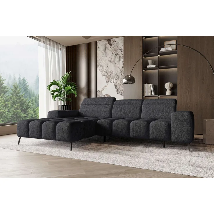 99rooms Milano Ecksofa Chenille APHRODITE Schwarz Links mit Sitztiefenverstellung