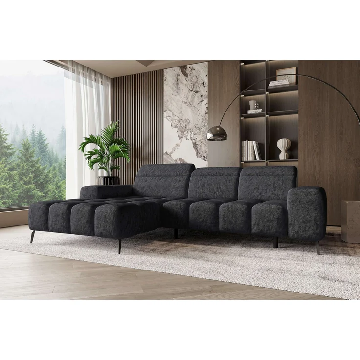 99rooms Milano Ecksofa Chenille APHRODITE Schwarz Links mit Sitztiefenverstellung