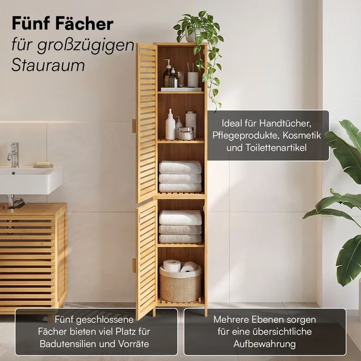 Bellamio 'Newa' Badezimmer-Hochschrank, natur, mit 5 Ablagen und 2 Türen – Bild 3