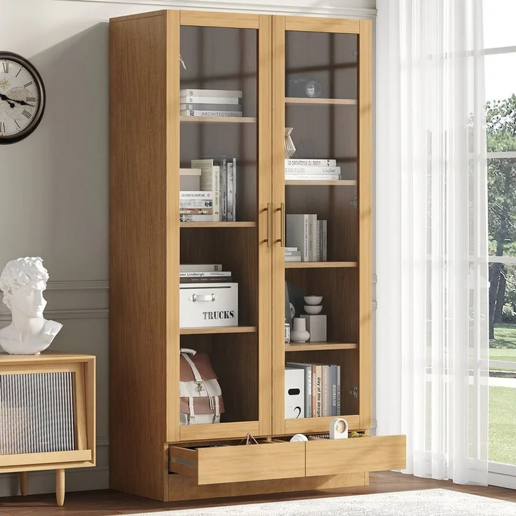 Flieks Glasvitrine Bücherregal mit 2 Glastüren und Schubladen (80x40x160 cm, 1-St) Hochschrank Aktenschrank Mehrzweckschrank mit 9 Fächern Holzoptik – Bild 1