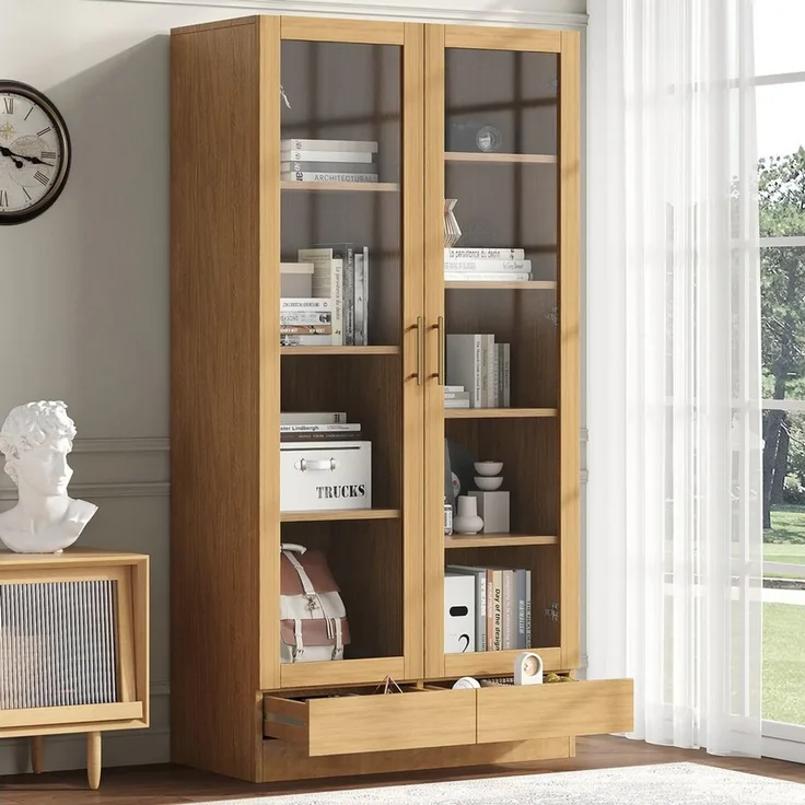 Flieks Glasvitrine Bücherregal mit 2 Glastüren und Schubladen (80x40x160 cm, 1-St) Hochschrank Aktenschrank Mehrzweckschrank mit 9 Fächern Holzoptik