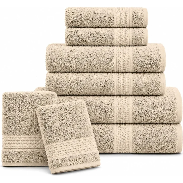 Komfortec Handtücher Set 8 Teilig aus 100% Baumwolle | 2x Badetücher 70x140, 2x Handtücher 50x100, 2x Gästetücher 30x50, 2x Waschlappen 16x21 cm, Beige