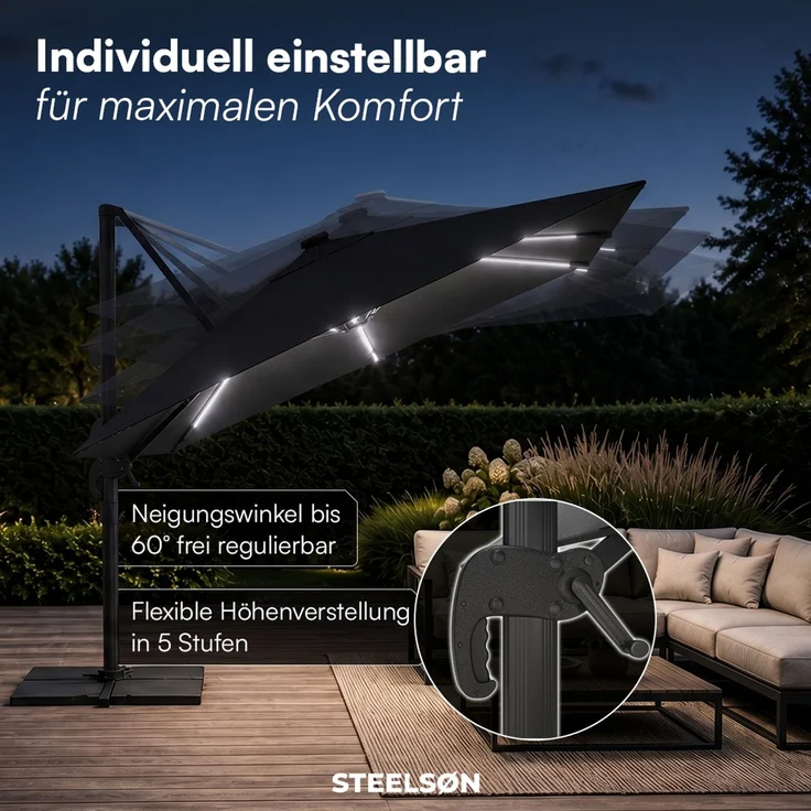 STEELSØN 'Elaris' Premium Sonnenschirm 300x300 cm quadratisch mit LED, neigbar und 360-Grad drehbar, schwarz, Ampelschirm inkl. Hülle, extrem robuste Metall-Stange, 220 g/m² Polyester, UV50+ – Bild 4