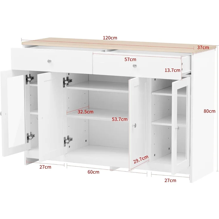 FurnitureR Moderne weiße Sideboard-Kommode mit Holztop, Korpus aus MDF-Sandwich, 120 cm Breite, großzügiger Stauraum – Bild 2