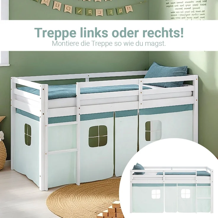 Hochbett Kinder 90x200 cm Kinderbett Kinderhochbett Stockbett Vorhang Grün Mintgrün Leiter Holz Massiv – Bild 6