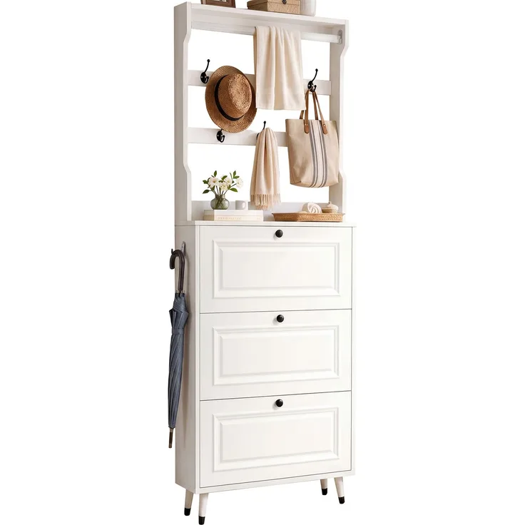 Flurgarderobe mit Schuhschrank und Haken, Kleiderhaken,Kompaktgarderobe,Flurmöbel Set,Flurgarderobe Schuhschrank mit Garderobenfunktion, Diele Schrank, 3 Klapptüren