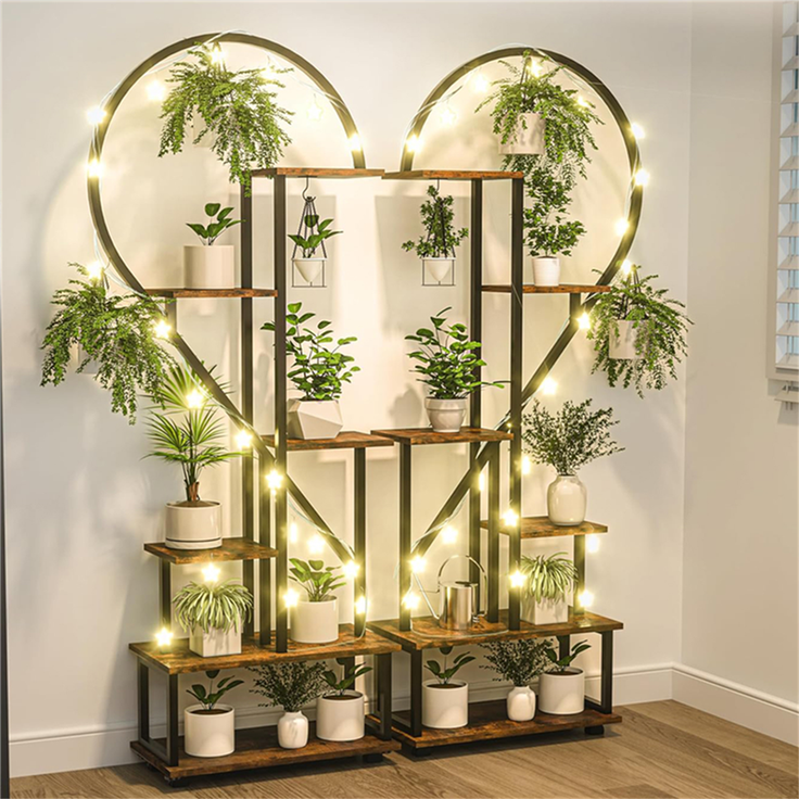 UNHO Pflanzentreppe Blumenregal Blumentreppe Schwerlast mit Hacken Pflanzenregal Herz-Blumenständer Balkon aus Metall Braun 112x28x165 cm – Bild 7