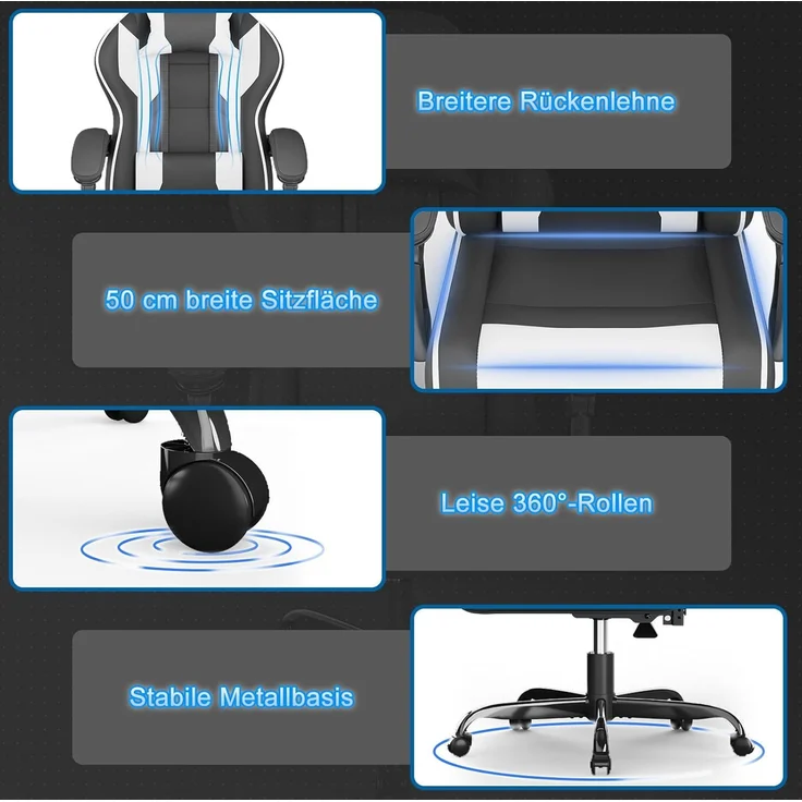 Devoko Gaming Stuhl mit Massagefunktion, Bürostuhl Ergonomisch mit Verstellbarer Ruckenlehne (90-135), Schreibtischstuhl mit Bewegliche Armlehne, max 150kg, Schwarz Weiß – Bild 9
