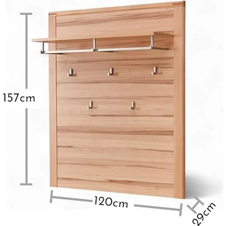 Linea Natura Garderobenpaneel, Buche, massiv, mit Hutablage und Kleiderstange, 120x157x29 cm – Bild 3