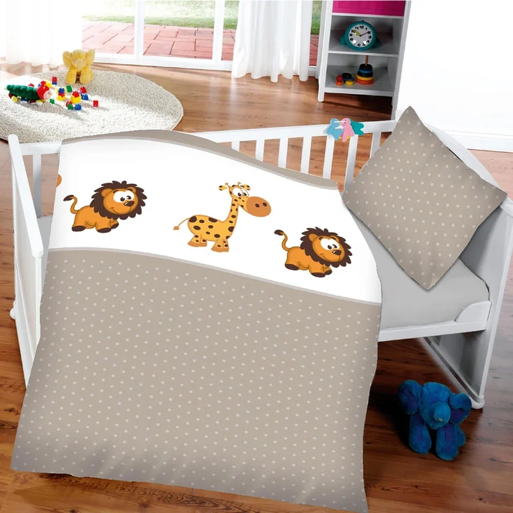 Kinder Bettwäsche 2-tlg ( 100x135cm / 40x60cm ) Bettdecken Set, 100% Baumwolle - Babybettwäsche mit Motiv Löwe & Giraffe – Bild 1