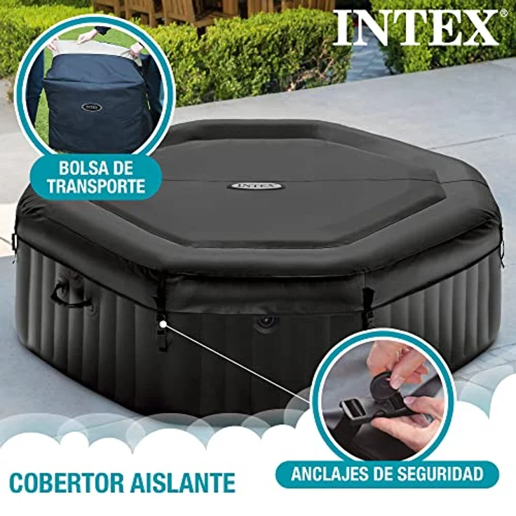 Intex Purespa Whirlpool Deluxe mit 140 Blasenmassagedüsen, 1098 Liter, achteckig, schwarz, für 5-6 Personen – Bild 4