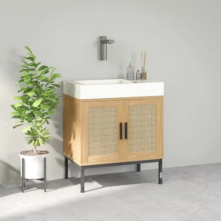 kleankin Waschbeckenunterschrank Unterschrank mit Schrankfach, Waschtischunterschrank mit Rattanoptik, Badunterschrank mit Kippschutz, Eiche, 60 x 39 x 60 cm – Bild 10