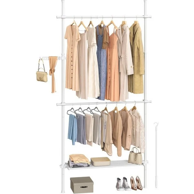 Songmics deckenhocher Kleiderständer, höhen- und breitenverstellbar, mit abnehmbaren Ablagen, Stahl / Kunststoff mattweiß, 33,5 x (84-123) x (208-310) cm – Bild 4