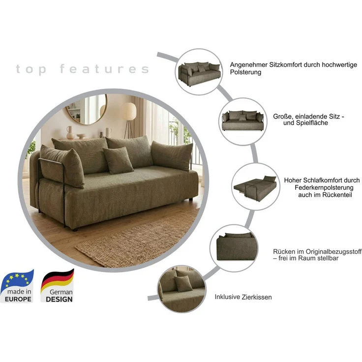 COLLECTION AB Schlafsofa Maria, B: 191 cm, Liegefl. 143x190 cm, Bettfunktion & Bettkasten, Federkern & Zierkissen, freistehend – Bild 3