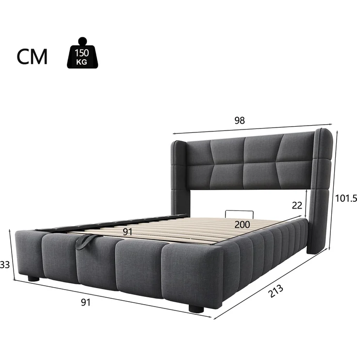 EINHOM Polsterbett 90 x 200 cm, Kinderbett mit Lattenrost, Kopfteil und Pneumatischem Stauraumsystem, Leinenrahmen, Geeignet für Kinder und Jugendliche, Grau, (Ohne Matratze) – Bild 2