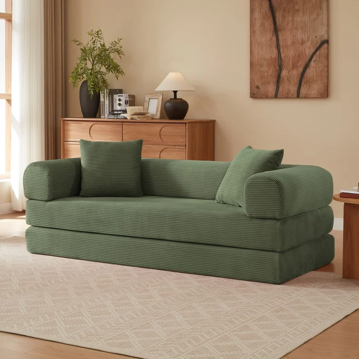 Schlafsofa Grün mit Veloursbezug, Kaltschaum und modularer Sitzfläche für flexibles Sitzen und Liegen,59 x 195 x 89 cm – Bild 1