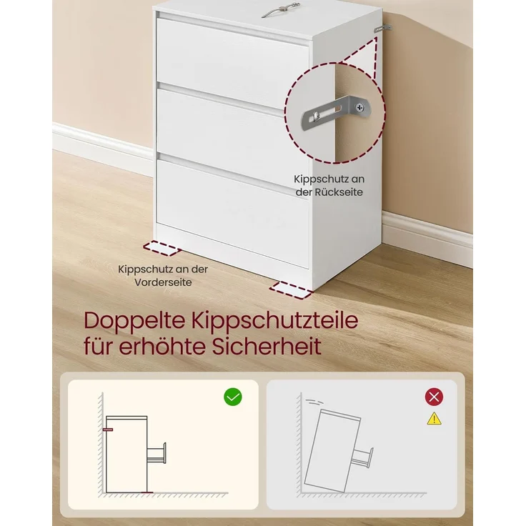 VASAGLE Kommode mit 3 Schubladen, Komodenschrank, Schubladenschrank, Wäschekommode, für Schlafzimmer, 40 x 60 x 75 cm, Modern Kailyn Kollektion, schneeweiß LTS613WE01 – Bild 6