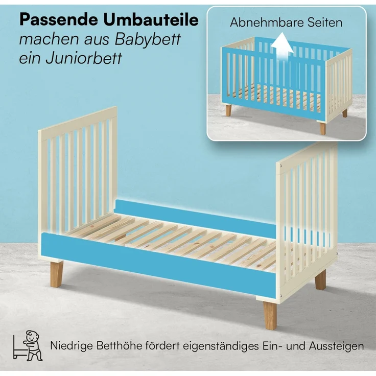 Bellabino 'Liri' Babybett 70x140 cm, beige, 3-fach höhenverstellbar, Kinderbett umbaubar zum Juniorbett (inkl. Umbauseiten) – Bild 5