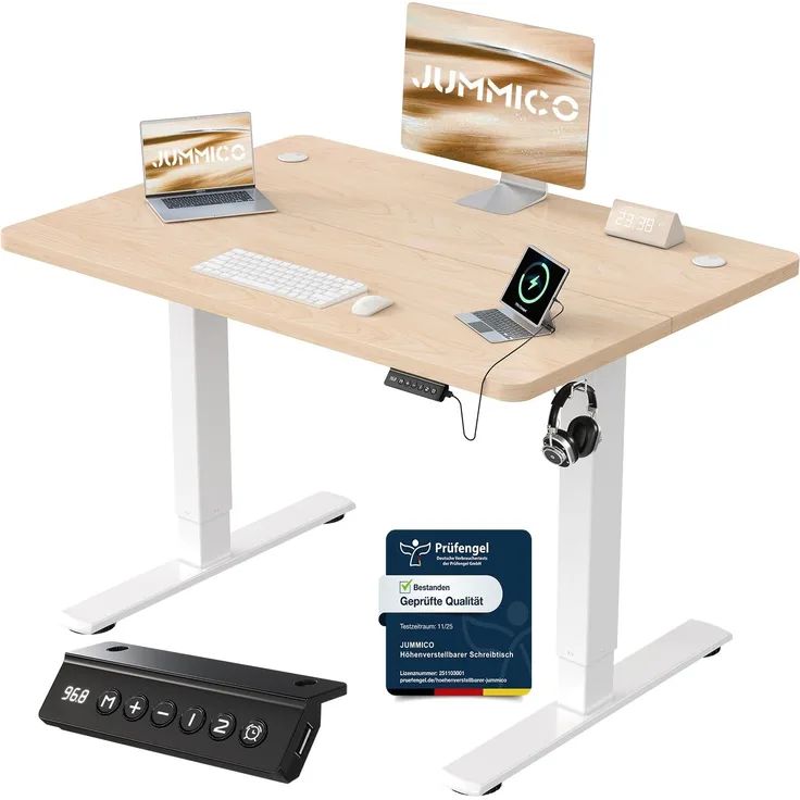 JUMMICO Höhenverstellbarer Schreibtisch mit USB-Ladeanschluss 100 x 60 cm, Schreibtisch Höhenverstellbar Elektrisch, Steh-Sitz Tisch Stehpult Verstellbarer Computertisch,Standing Desk,Beige