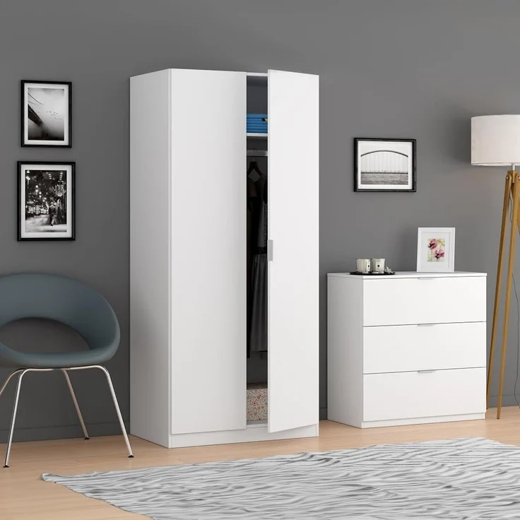 Habitdesign, Kleiderschrank – 2-türiger Schlafzimmerschrank in Mattweiß, platzsparend mit viel Stauraum, Maße: 81 x 180 x 52 cm (B x H x T), Modell Low Cost – Bild 2
