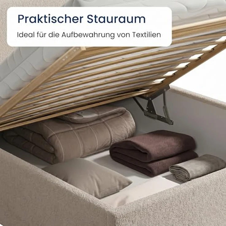 Home Collective Polsterbett mit Stauraum, verstellbarem Lattenrost, Bouclé-Stoff in Creme, viele Größen (100x200 bis 200x200), wählbare Matratze Federkern oder Kaltschaum – Bild 3