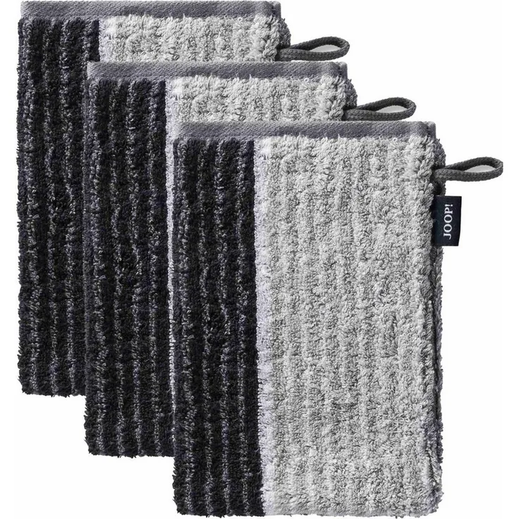 JOOP! Waschlappen, 3er Pack - Waschhandschuh, Doubleface, Walkfrottier Schwarz Signature Lines 16x22cm