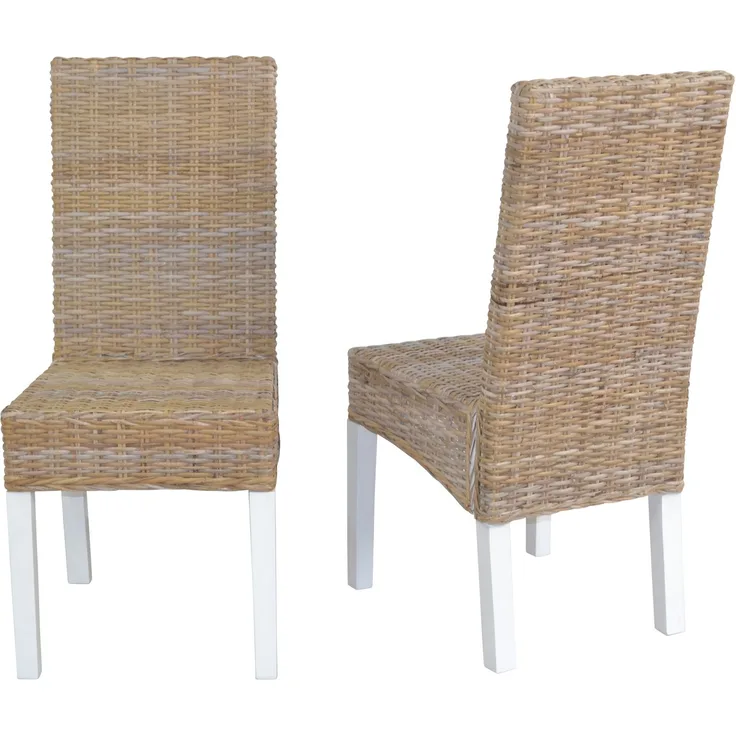 Esszimmerstuhl 2er Set, aus Kubu-Rattan handgeflochten, naturgrau-weiß