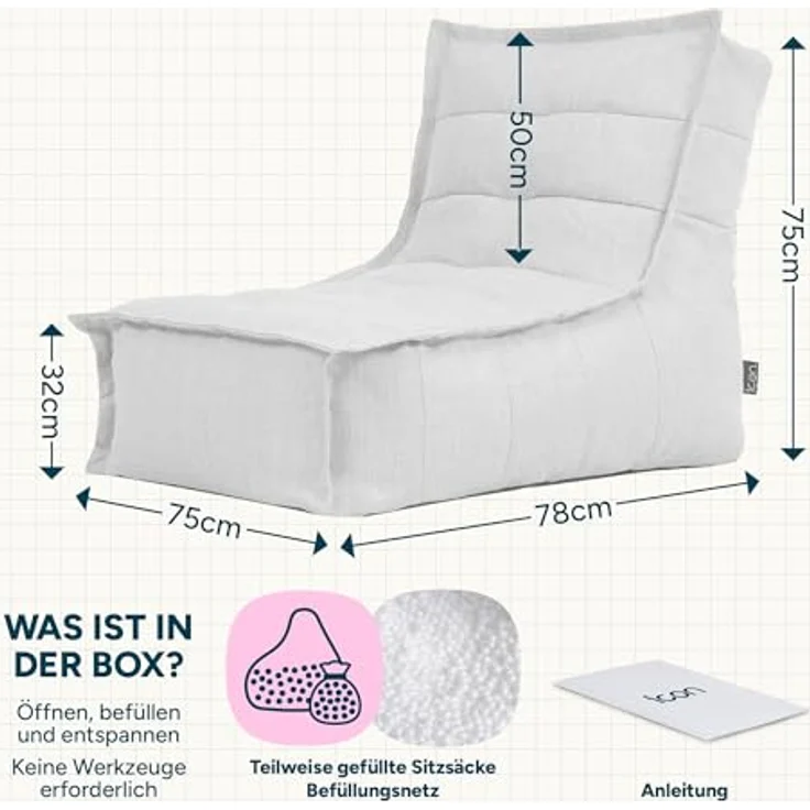 Icon Dolce Sitzsack-Liege für Erwachsene, Grau, Indoor Outdoor Sitzsack mit Füllung, Bean Bag, Wasserabweisender Stoff, Bequemer Sessel für Wohnzimmer, Lounge, Schlafzimmer, Garten – Bild 4